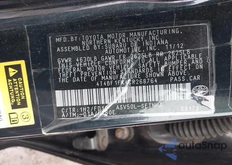 2012 Toyota Camry Le из США, поврежденный, VIN 4T4BF1FK4CR268764